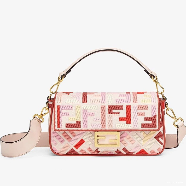 HOT Baguette Fendi Motif Canvas In Medium Pink FF Bag Red 0720